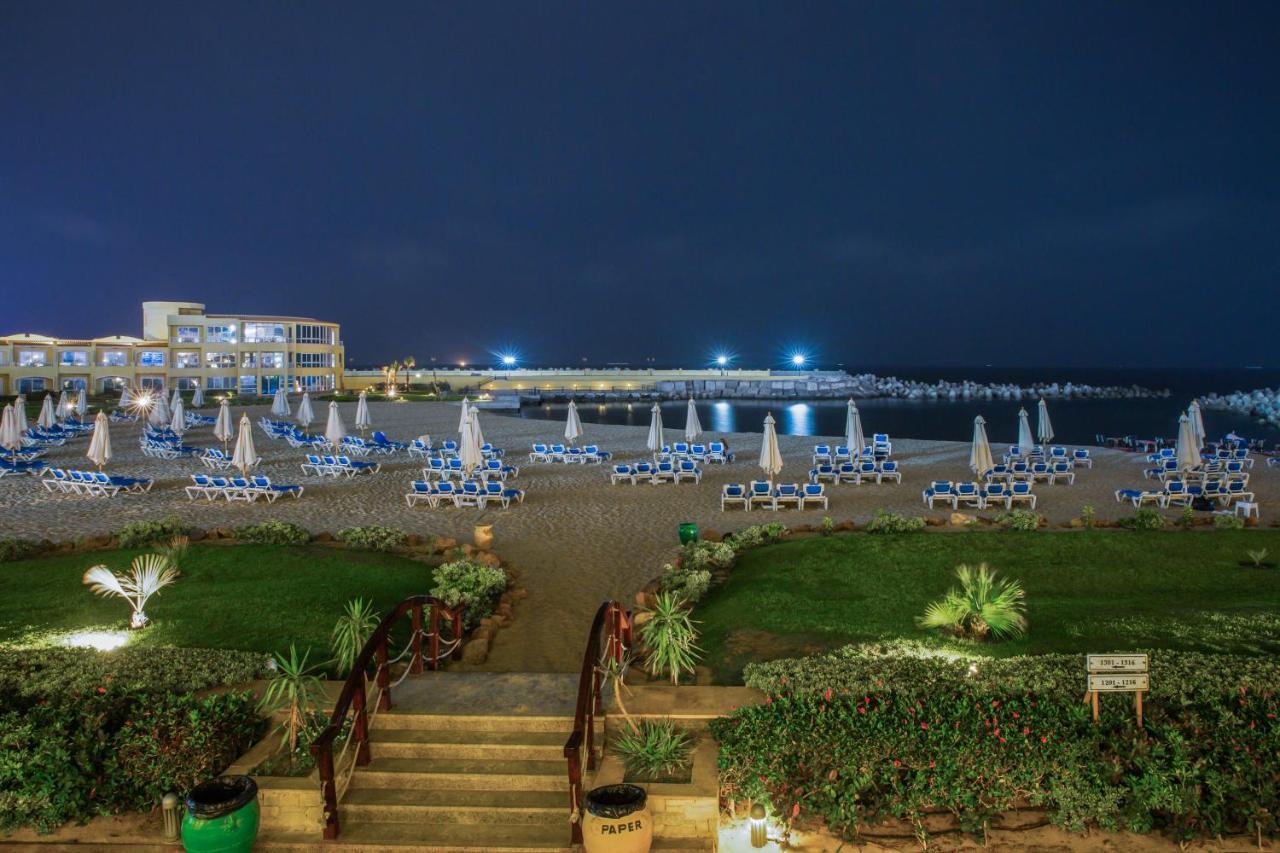 โรงแรมซันไรส์ อเล็กซ์ อเวนิว อเล็กซานเดรีย ภายนอก รูปภาพ The photo shows a beach scene at night. In the foreground, there are steps leading down from a grassy area lined with plants. The beach is filled with numerous lounge chairs, all arranged with umbrellas, suggesting a relaxed atmosphere. In the backgr